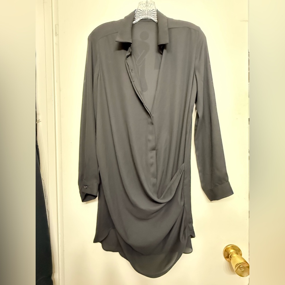 Krisa Sheer Black Draped Button-Front Shirt Dress – Size Small